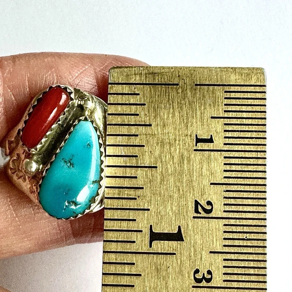 Mens Turquoise Navajo‎ Band Sz 10.5 Coral Two Stone Ring 21mm Signed ML Native